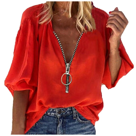 Giftesty Womens Plus Size Womens V-Neck Solid Zip Front Blouse Lantern Sleeve Loose Casual Top Shirts