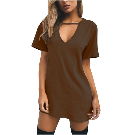 Giftesty Womens Plus Size Dresses Women Casual Short Sleeve V-Neck Solid Ladies Hollow Out Mini Dress