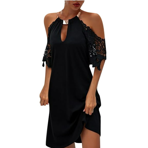 Giftesty Womens Plus Size Dresses Women Lace Short Sleeve O-Neck Halter Solid Long Dresses Loose Dress