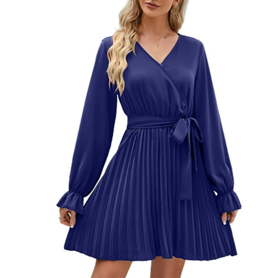 Giftesty Womens Plus Size Dresses Clearance Women Long Sleeve Solid Color V-Neck Short Skirt Casual Dress
