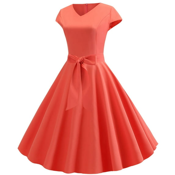 Giftesty Womens Plus Size Dresses Clearance Women Vintage Short Sleeve Swing 50s Housewife Casual Evening Party Prom Dress