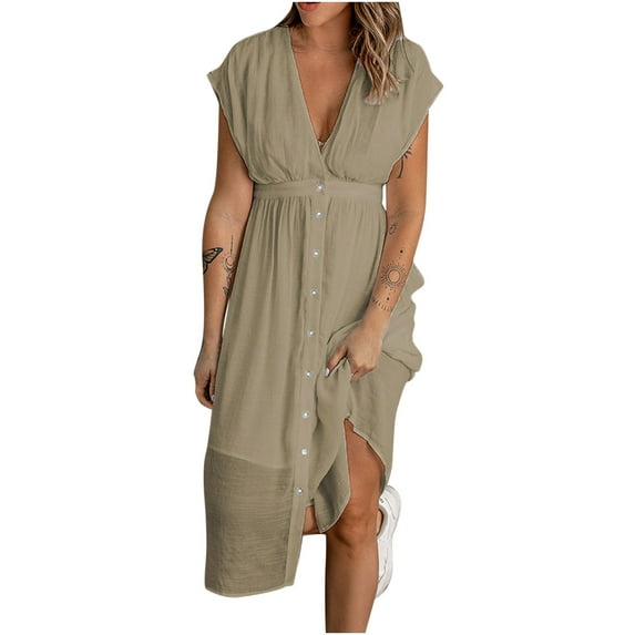 Giftesty Womens Plus Size Dresses Women's Casual Deep V Single Breasted Short Sleeve Waist Double Tulle Solid Color Dress