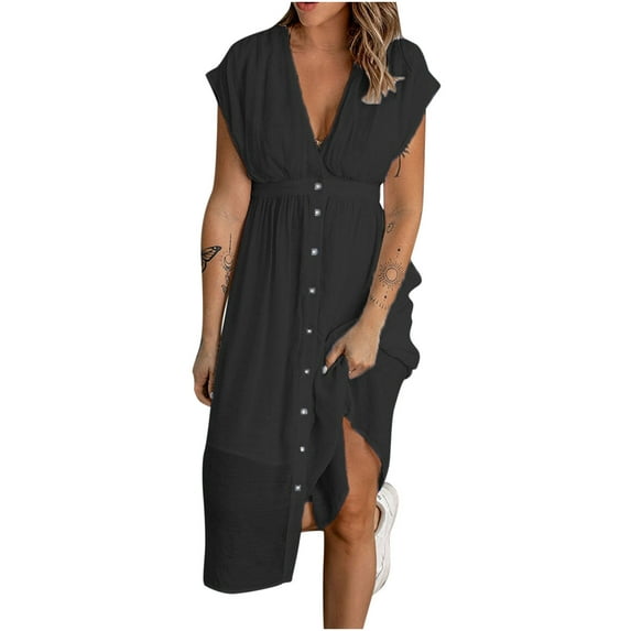 Giftesty Womens Plus Size Dresses Clearance Women's Casual Deep V Single Breasted Short Sleeve Waist Double Tulle Solid Color Dress