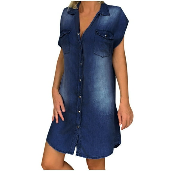 Giftesty Womens Plus Size Dresses Women's Casual V-Neck Denim Party Dress Sleeveless Swing Dress