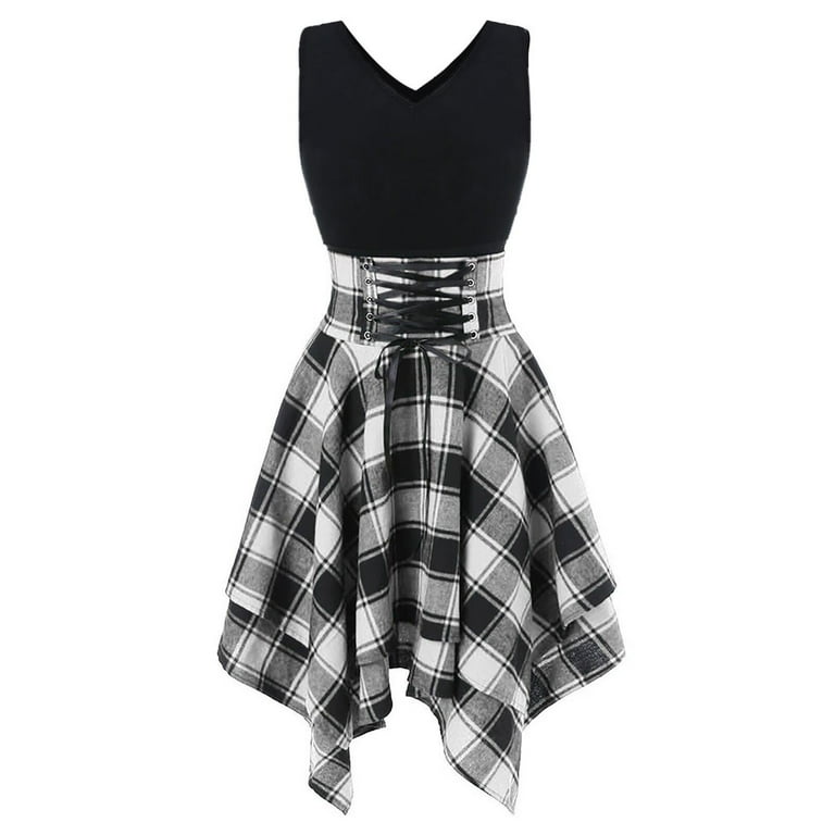 Giftesty Womens Plus Size Dresses Women's Lace-up Short-sleeved Irregular  Hem Plaid Stitching Dress