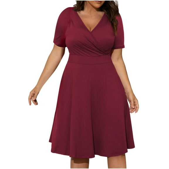 Giftesty Womens Plus Size Dresses Womens Casual Plus Size V-Neck Solid Short Sleeve Boho Dress Swing Dress with Pockets