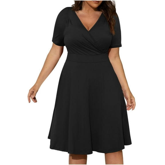 Giftesty Womens Plus Size Dresses Womens Casual Plus Size V-Neck Solid Short Sleeve Boho Dress Swing Dress with Pockets