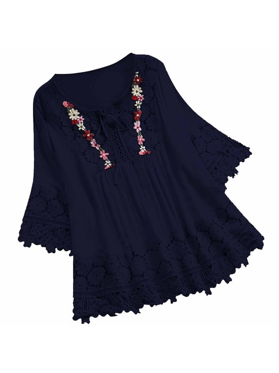 Womens Plus Size Women Vintage Lace Patchwork Bow V-Neck Three Quarter Blouses Top T-Shirt