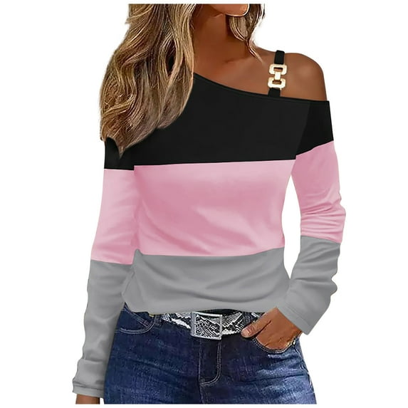 Giftesty Womens Shirts Fashion One Shoulder Drop Shoulder Long Sleeve Pullover Blouse Women's Long Sleeve Casual Top