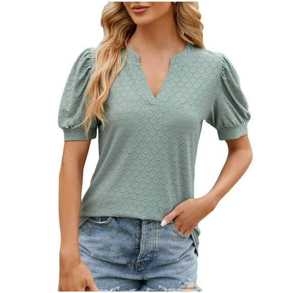 Inleife Womens Shirts Women's Summer Solid Lace V-Neck Bubble Short Sleeve Solid T-Shirt Top