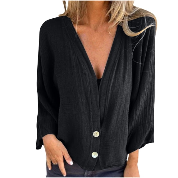 Giftesty Womens Shirts Cotton Linen Women's Casual Loose Solid Button Up T-Shirt Long Sleeved V-neck Top/shirt
