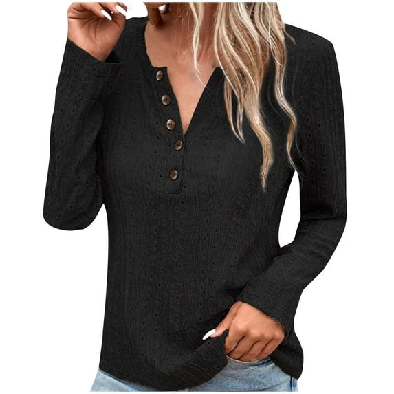 Giftesty Womens Shirts Fashion Women's Button V-Neck Long Sleeve Casual T-Shirt Top Solid Loose Blouse