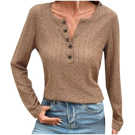 Giftesty Womens Shirts Fashion Women's Button V-Neck Long Sleeve Casual T-Shirt Top Solid Loose Blouse