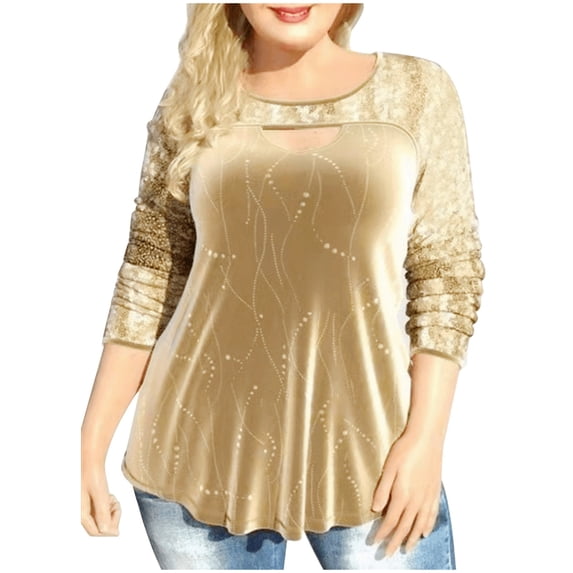 Giftesty Womens Shirts Long Sleeves Women's Beaded Patchwork Printed Round Neck Long Sleeved Tops