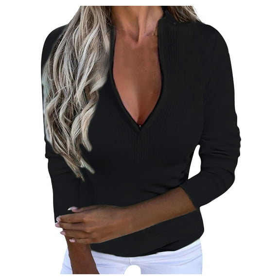 Giftesty Womens Shirts Plus Size Fashion Woman Long Sleeve V-Neck Solid Blouse Causal Pullover Zipper Tops