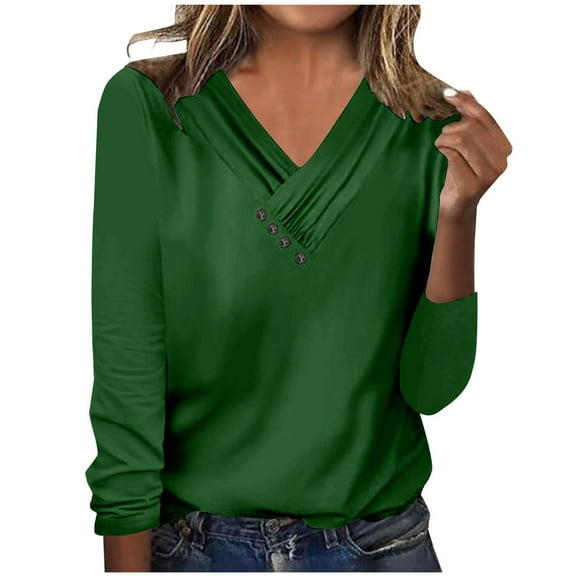 Giftesty Womens Shirts Plus Size Women's Long Sleeve Summer V Neck Sexy Casual Tops Regular Blouse Tops