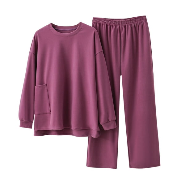Giftesty Womens Shirts Plus Size Women's Solid Color Loose Fitting Large Size Long Sleeved Long Pants Pajama Set Home Clothing