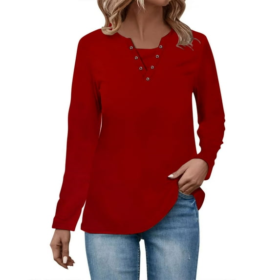 Giftesty Womens Shirts Plus Size Women's Solid Color V-Neck Long Sleeve Pleated Top