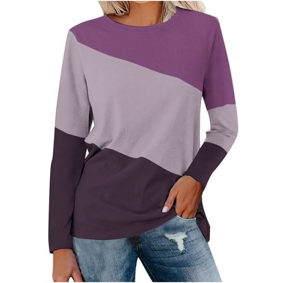 Giftesty Womens Shirts Plus Size Women's Solid Round-Neck Long Sleeve Top