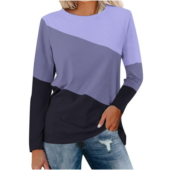 Giftesty Womens Shirts Plus Size Women's Solid Round-Neck Long Sleeve Top