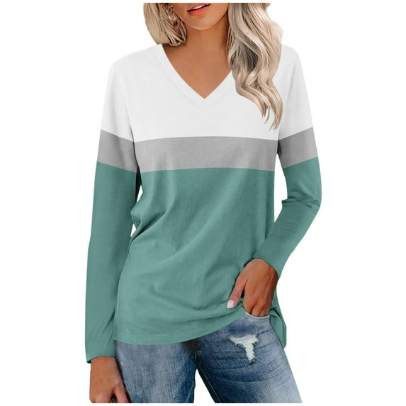Giftesty Womens Shirts Plus Size Women's Solid V-Neck Long Sleeve Top