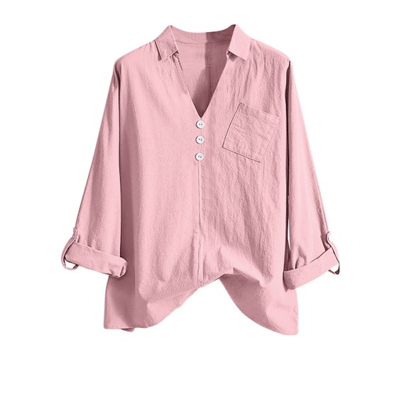 Inleife Womens Shirts Top Women's V-Neck Long Sleeve Loose Button Cotton And Linen Tunic Summer Blouse