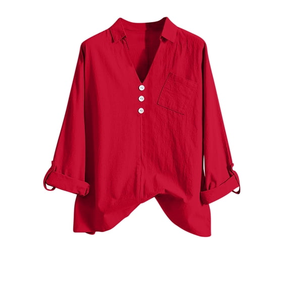 Giftesty Womens Shirts Top Clearance Women's V-Neck Long Sleeve Loose Button Cotton And Linen Tunic Summer Blouse