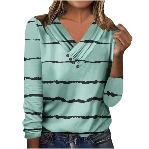 Giftesty Womens Shirts Women Daily Striped Printed V-Neck Pullover Long Sleeved Casual Button Up Top