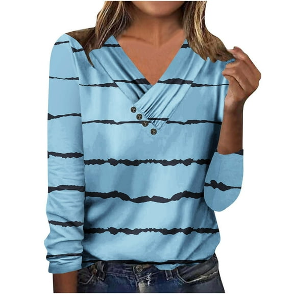 Giftesty Womens Shirts Women Daily Striped Printed V-Neck Pullover Long Sleeved Casual Button Up Top