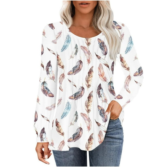 Giftesty Womens Shirts Women's Casual Fashion Loose Pleated Crew-Neck Printed Long-Sleeved Tops