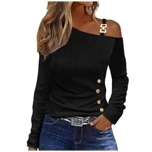 Giftesty Womens Shirts Women's Fashion Casual One Shoulder Drop Shoulder Long Sleeve Pullover Long Sleeve Top