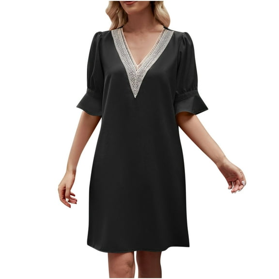 Inleife Womens Summer Dresses Women's Casual Solid V-Neck Lace Loose Pleated 5/4 Sleeve Dress