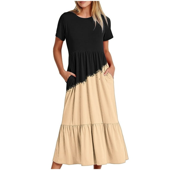 Inleife Womens Summer Dresses Women's Fashion Round Neck Short Sleeve Patchwork Printed Dress Long Dresses