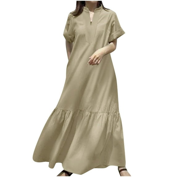 Inleife Womens Summer Dresses Plus Size Fashion Women Casual Loose V-Neck Short Sleeve Comfy Solid Pockets Dresses