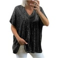 thumbnail image 1 of Inleife Womens Summer Shirts Women Sexy Short Sleeve Sequins Loose Polluer Solid V-Neck Blouse Shirt Large Size Tops, 1 of 5