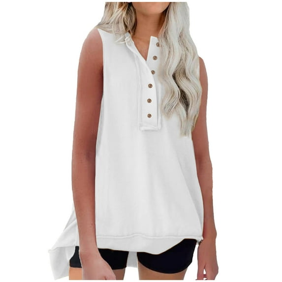 Giftesty Womens Summer Tops Clearance Fashion Casual Solid Color Loose Tanks Button Top Women's Sleeveless Round Neck Pullover T-Shirt White XL