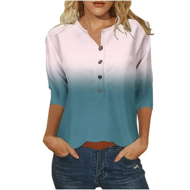 Giftesty Womens Summer Tops Women's Fashion Three Quarter Sleeve Retro Round Neck Easter Printed Loose Tops Blouse