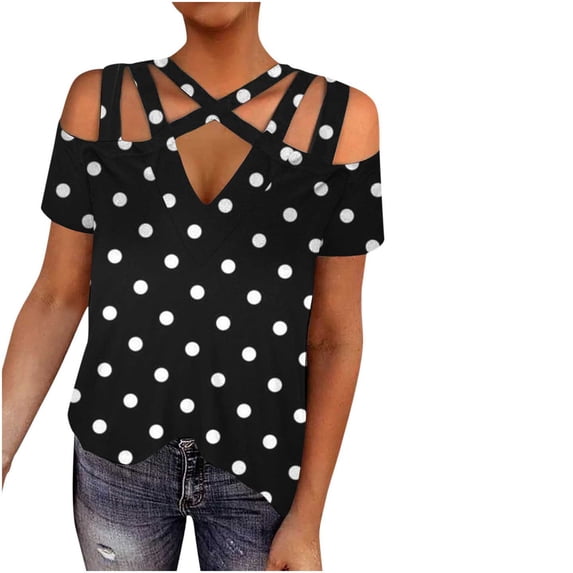 Giftesty Womens Summer Tops Women's Short Sleeve Fashion Casual Printed V-Neck Off-The-Shoulder Top Blouse