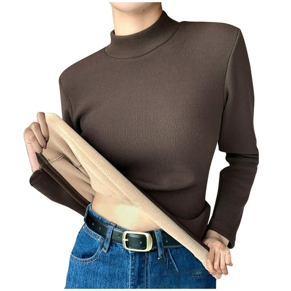 Giftesty Womens Sweatshirts Women's Solid Color Half High Collar Thick Wool Sweatshirt Winter Warm Underwear Round Neck Tops