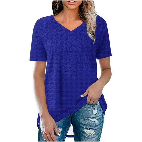 Inleife Womens T-Shirts Fashionable Women's Summer Solid V Neck T-Shirt Short Sleeved Casual Tops Sizes Blue XXL