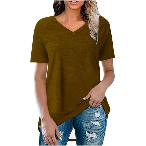 Giftesty Womens T-Shirts Clearance Fashionable Women's Summer Solid V Neck T-Shirt Short Sleeved Casual Tops Sizes Brown L