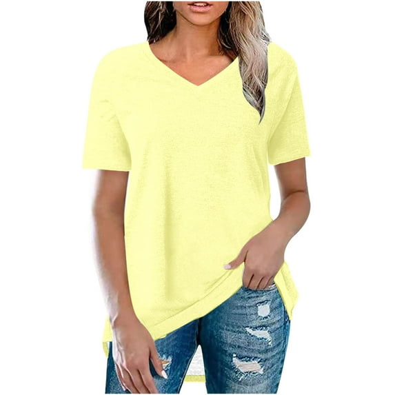 Giftesty Womens T-Shirts Clearance Fashionable Women's Summer Solid V Neck T-Shirt Short Sleeved Casual Tops Sizes Yellow XL