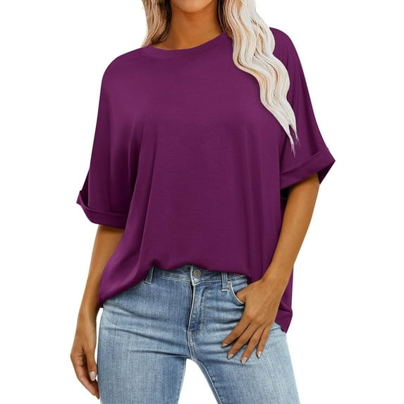 Giftesty Womens T-Shirts Clearance Women's Casual Crewneck Short-Sleeved Solid Color Loose Short Loose T-Shirt Tops Sizes Purple XXL