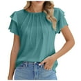thumbnail image 1 of Inleife Womens T-Shirts Women's Casual Round Neck Short-Sleeved Solid Color Short T-Shirt Pleated Tops Sizes Green L, 1 of 6