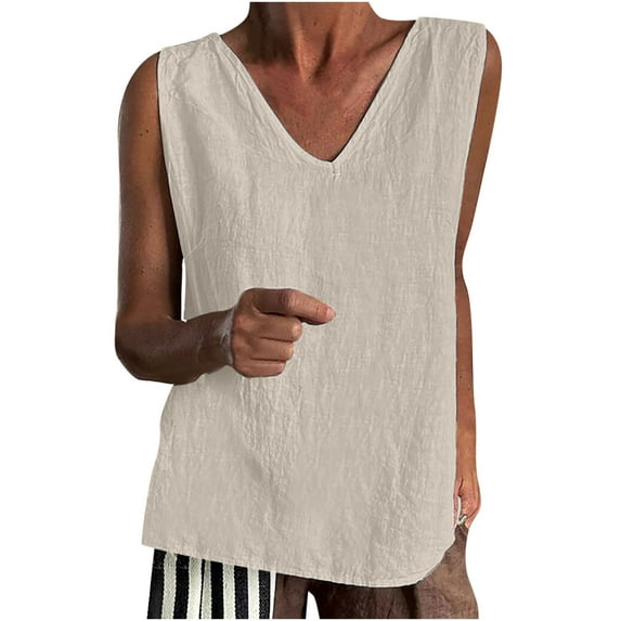 Giftesty Womens T-Shirts Clearance Women's Classic V-Neck Collar Solid Color Sleeveless T-Shirt Tank Blouse Tops Sizes Beige L