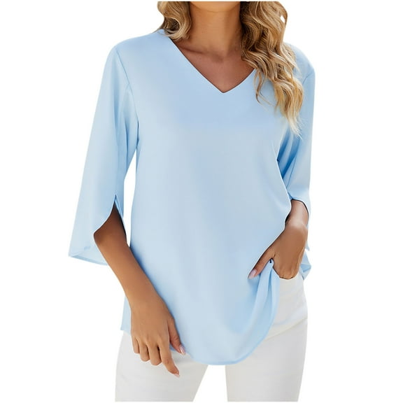 Inleife Womens T-Shirts Women's Fashion V-Neck Middle Sleeve Loose Chiffon Shirt Solid Color Top
