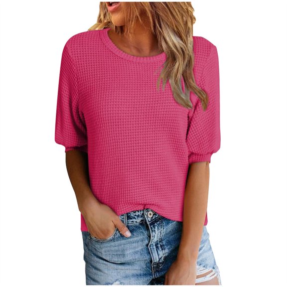 Inleife Womens T-Shirts Women's Fashionable Casual Solid Color Pleated Neck Short Sleeved Top Shirt Sizes Hot Pink XXL