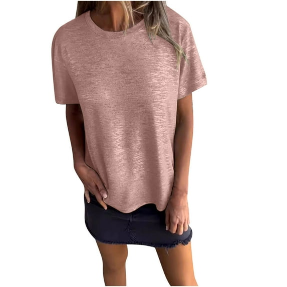 Giftesty Womens T-Shirts Clearance Women's Summer Fashion Solid Color Round Neck Casual Short Sleeved Round Neck Top Sizes Pink L