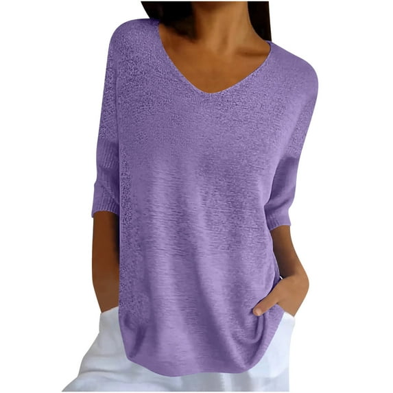Giftesty Womens T-Shirts Plus Size Clearance Women Solid Color Spring/Summer Knitted V-Neck Medium Sleeve Casual Top Sizes Purple XXXXXL