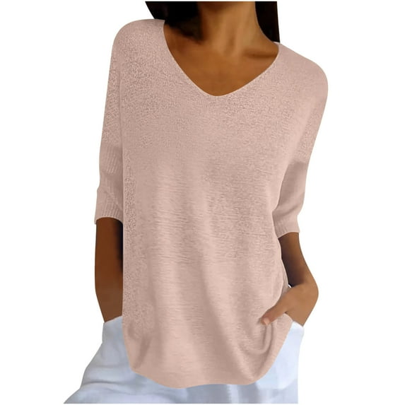 Inleife Womens T-Shirts Plus Size Women Solid Color Spring/Summer Knitted V-Neck Medium Sleeve Casual Top Sizes Yellow L